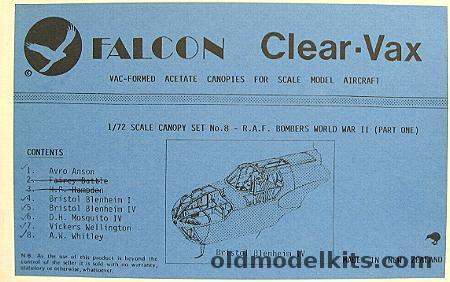 Falcon 1/72 Clear-Vax Upgrade Canopies Anson/Blenheim I/Blenheim IV/Mosquito IV/Wellington/Whitley, 8 plastic model kit